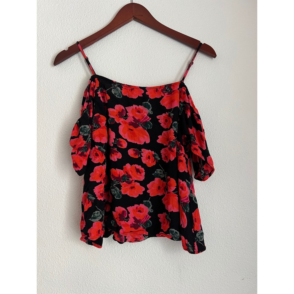 Billabong Floral Cold Shoulder Top Black Red Flower Print Blouse Spaghetti Strap